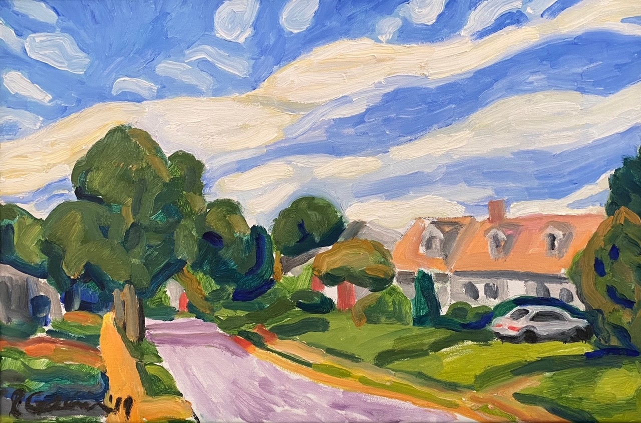 A picture of Trees, House and Clouds